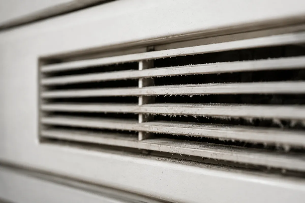 Grade de ventilação com camada espessa de poeira entre as aletas